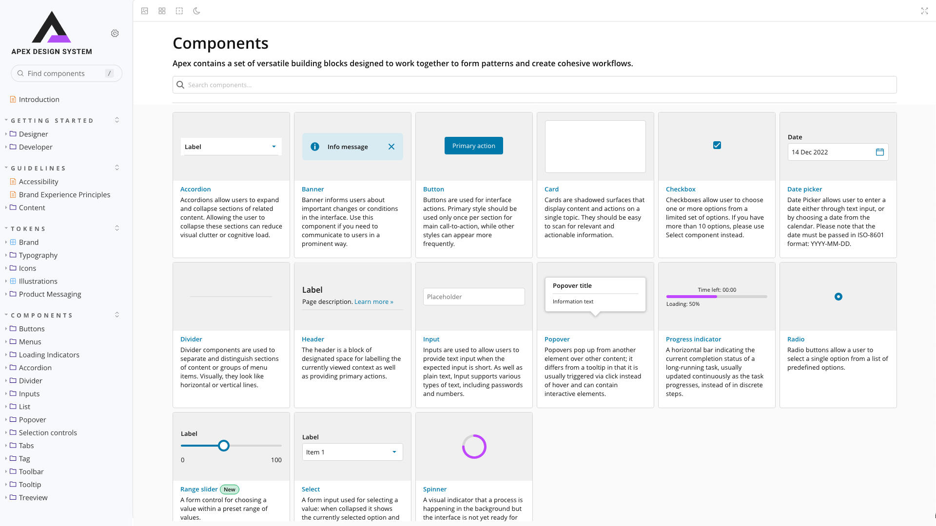 design system component glossary page
